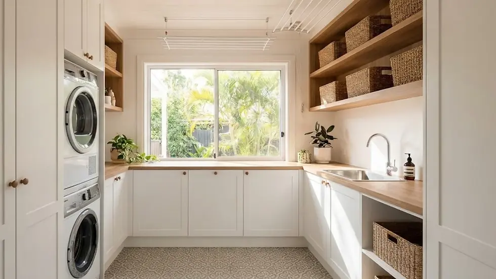 Laundry room with white cabinets, stacked washer/dryer, wooden countertops, woven baskets, plants, and a large window revealing greenery. Bright and airy.