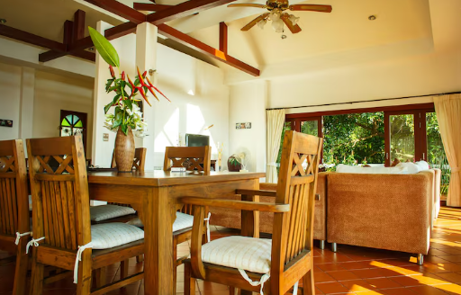 Bright living room with wooden dining table and chairs, ceiling fan, brown sofa, tropical plants, and sunlit windows overlooking greenery.