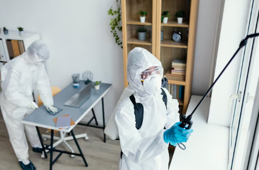 Two people in hazmat suits clean a room, one sprays a window, the other wipes a desk. The room is bright with a wooden shelf and plants.