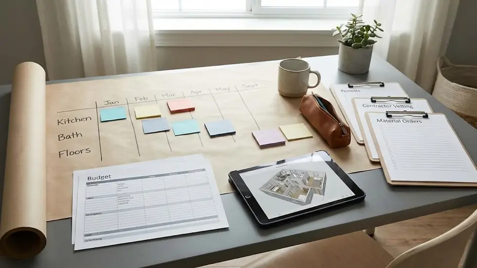 A desk with a planning chart, colorful sticky notes, clipboards labeled Permits, Contractor Vetting, Material Orders, a tablet, and coffee mug.