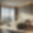 Modern bedroom with beige tones and large windows showcasing a city skyline. Soft lighting, plush bed linens, and neutral décor create a cozy feel.