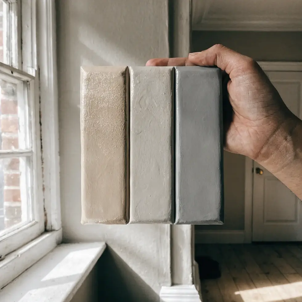 Hand holding three neutral-colored books vertically, with a softly lit room and window in the background, creating a calm and minimalist mood.