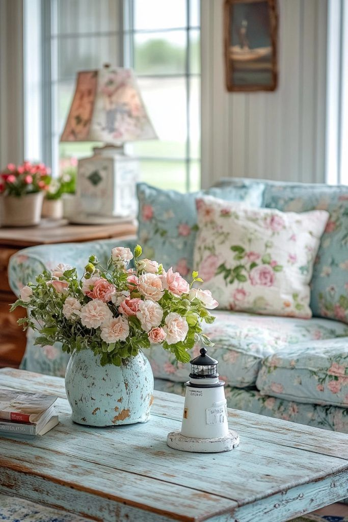 Vase of pink roses on rustic table in cozy room. Floral couch and lamp in soft colors. Calm and serene ambiance.