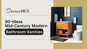 Bathroom with mid-century modern vanity, dark blue walls, window, and colorful rug. Text: "DreamDEN 30-Ideas Mid-Century Modern Bathroom Vanities".