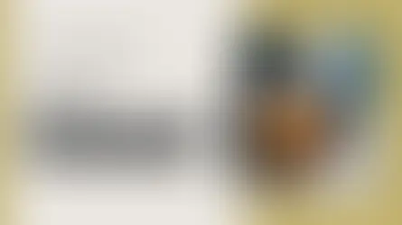 Bathroom with mid-century modern vanity, dark blue walls, window, and colorful rug. Text: "DreamDEN 30-Ideas Mid-Century Modern Bathroom Vanities".