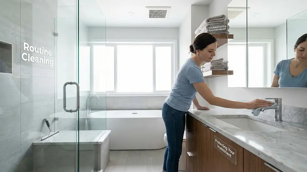 Woman cleaning a bathroom sink with blue cloth. "Routine Cleaning" text on glass. Bright setting with towels and large window.