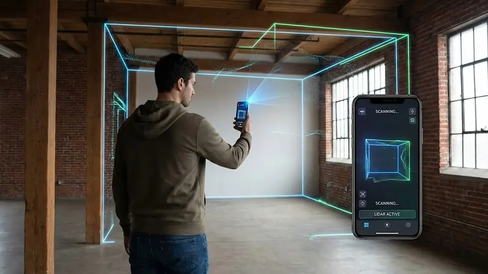 Man scans room using smartphone with LiDAR, projecting blue-green grid lines. Brick walls, large windows in a loft setting. Phone screen shows scanning interface.
