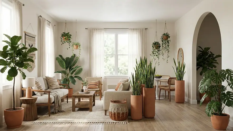 Bright living room with white walls, wooden furniture, and assorted potted plants. Soft natural light, woven rug, and earthy accents create calm.