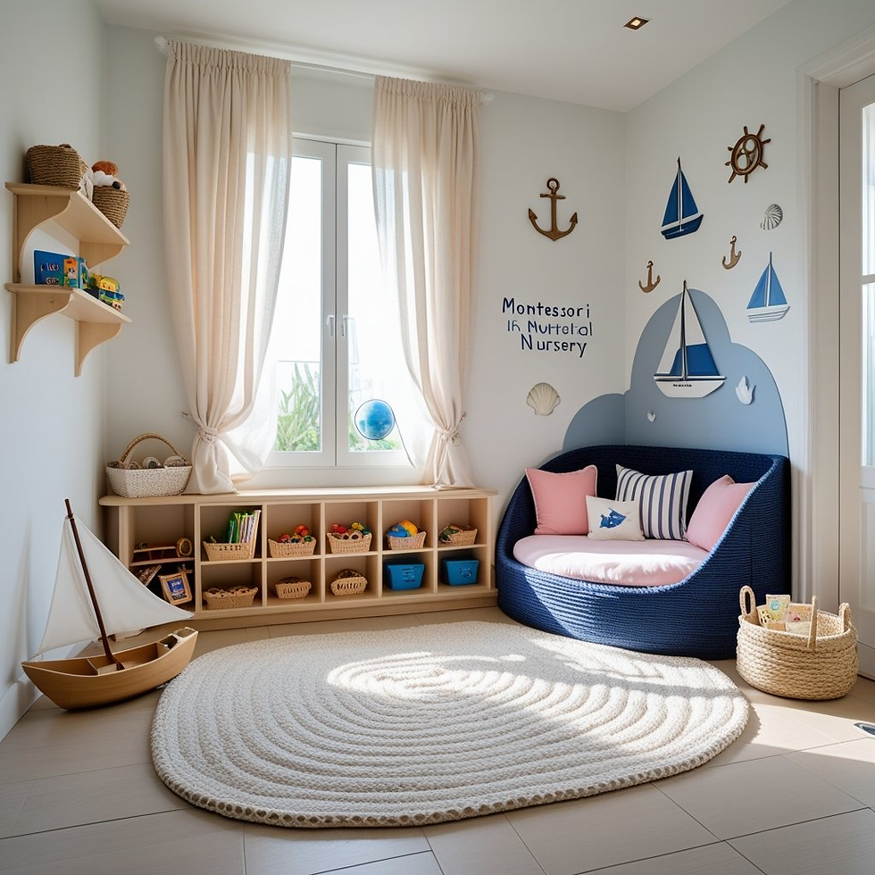 Cozy nursery with nautical theme, blue sofa, pink cushions, boat decor, rope rug, Montessori wall text, and sunny window light.