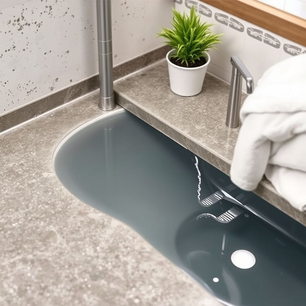 Modern bathroom sink with grey counter, running water, white towel, and potted plant. Fish-patterned tiles on the wall.