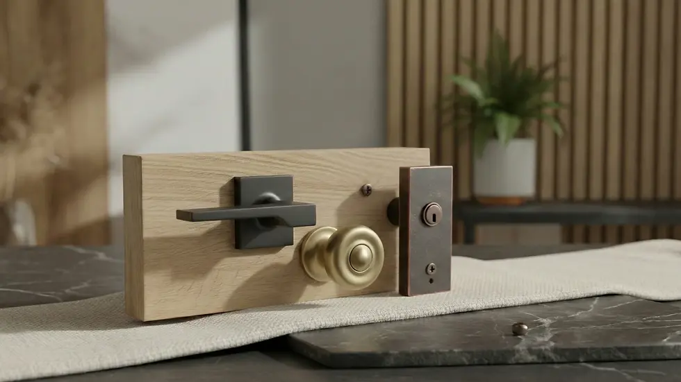 Wooden board displaying a brass doorknob and modern black handle, set on a stone slab with a plant in the background. Calm, neutral tones.