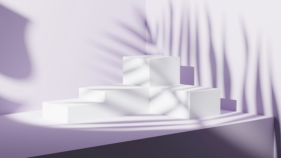 White geometric blocks arranged in steps on a lilac surface, casting intricate shadows against a soft purple wall with a calm, minimalist vibe.