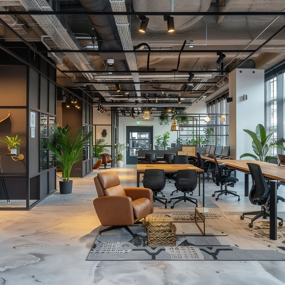 Modern open-plan office with brown leather chair, black office chairs, desks, and greenery. Exposed ceiling, stylish, bright atmosphere.