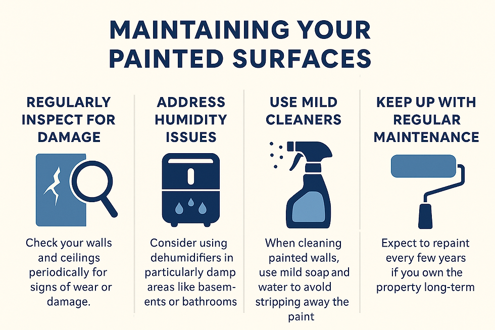 Infographic on maintaining painted surfaces: inspect for damage, address humidity, use mild cleaners, and regular maintenance. Blue icons.