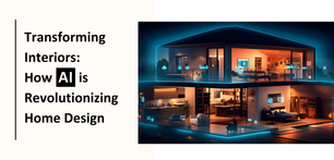 Futuristic home interior with AI tech, glowing blue accents, and modern furnishings. Text: "Transforming Interiors: How AI is Revolutionizing Home Design."