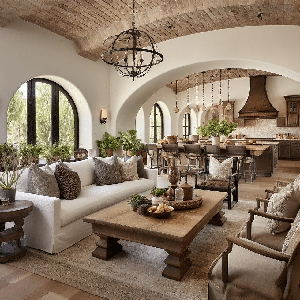 Rustic living room with arched windows, white sofa, and wood furniture. Neutral tones, green plants, and a cozy atmosphere under a brick ceiling.