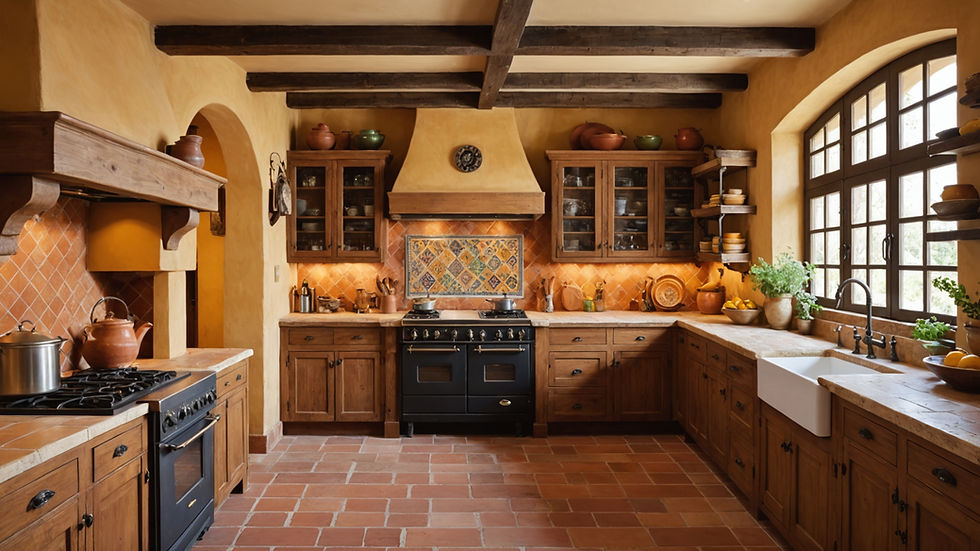 Rustic kitchen with wooden cabinets, terracotta tiles, and a central black stove. Vibrant backsplash, potted plants, and large windows. Cozy ambiance.