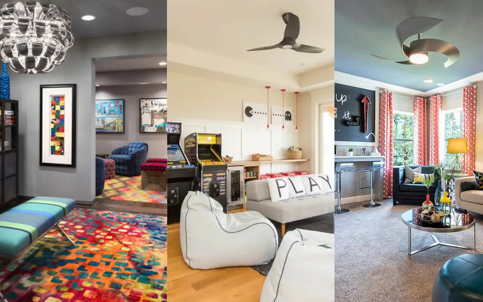 Modern interiors with colorful rugs, arcade machines, art, bean bags, and bright patterns in vibrant, creative, and playful rooms.
