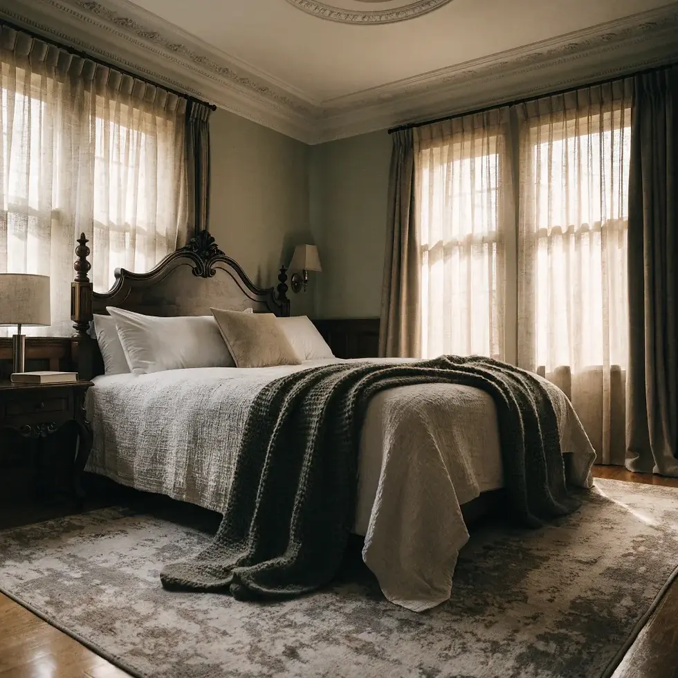 Elegant bedroom with a wooden bed, white linens, and a gray throw. Soft sunlight filters through sheer curtains, creating a cozy atmosphere.