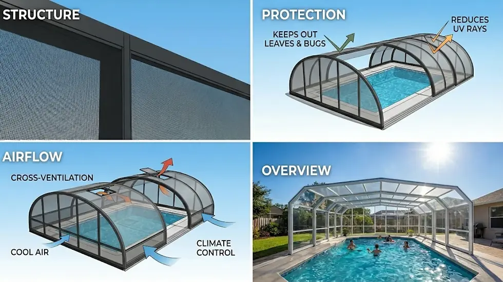 Pool enclosure with cross-ventilation, climate control, and UV protection features. Text highlights structure, airflow, and overview.