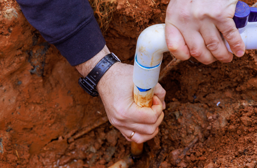 Hands fixing a dirty white PVC pipe in red clay soil, wearing a black watch and a ring; outdoor plumbing repair scene.