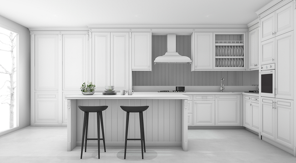 Modern white kitchen with two black stools, gray backsplash, and large window. Plates, cups, and plant on the counter. Minimalist design.