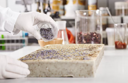 Gloved hands sprinkle lavender on soap in a lab. Jars of herbs in the background. Clean, focused setting with neutral colors.