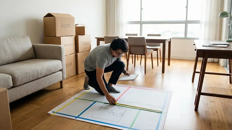 Person measuring floor plan with a tape measure in a bright room. Cardboard boxes labeled "ROOM," "DINING" stacked by a sofa.