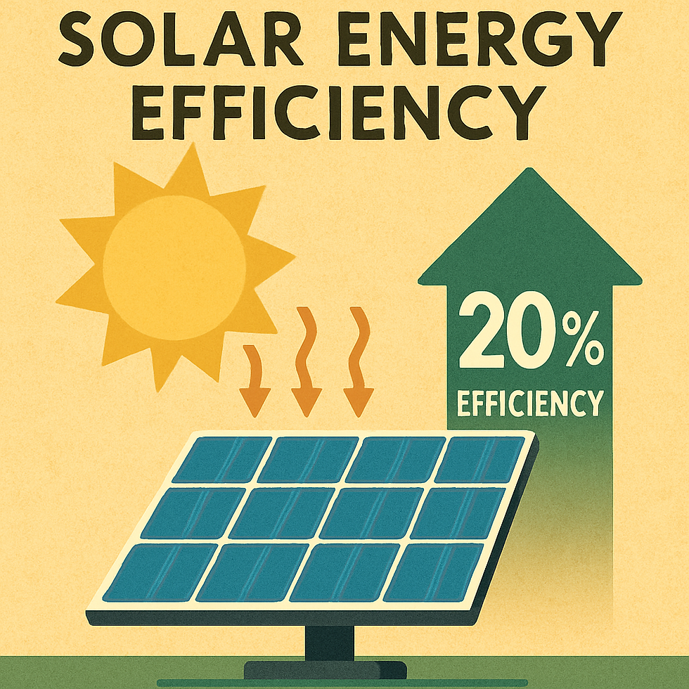 Solar panel with sun icon and upward arrow showing 20% efficiency on a yellow background, conveying progress in solar energy.