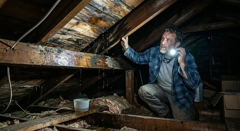 A man inspects a leaking wooden attic roof with a flashlight. Water drips into a bucket. The setting is dark and worn, creating a tense mood.