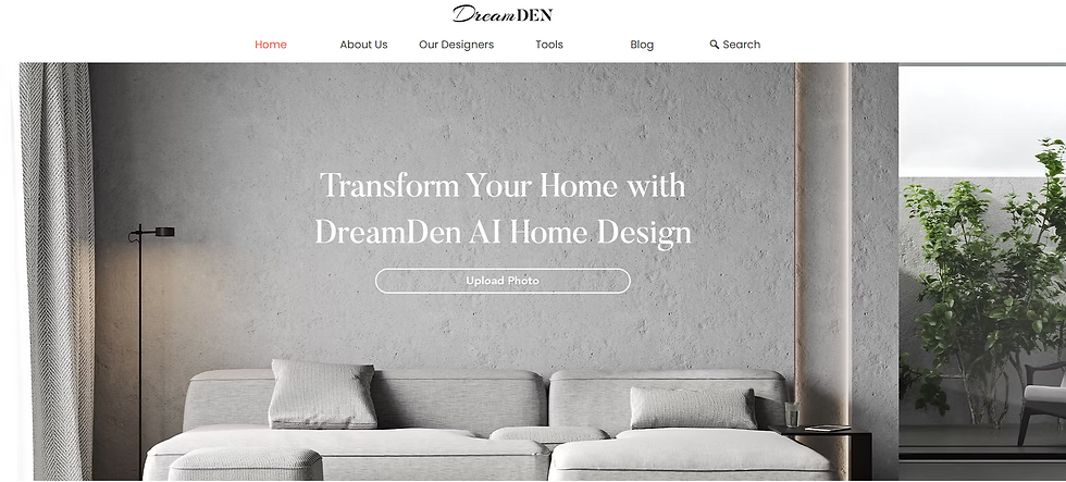 Gray living room with a modern sofa and floor lamp. Wall text: Transform Your Home with DreamDen AI Home Design. Upload Photo button.