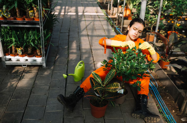 Person in orange overalls and yellow gloves pruning a potted plant in a greenhouse. Surroundings include a watering can and more plants.