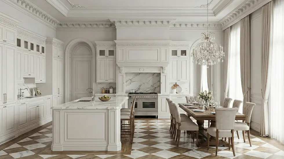 Elegant kitchen with white cabinetry and marble counters. A wooden dining table is set under a chandelier. Checkered floor pattern. Luxurious feel.