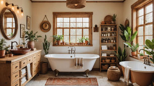 Cozy modern boho bathroom decor with a white clawfoot tub, wooden vanity, and plants. Warm tones, wicker accents, large windows, and ambient lighting create tranquility.