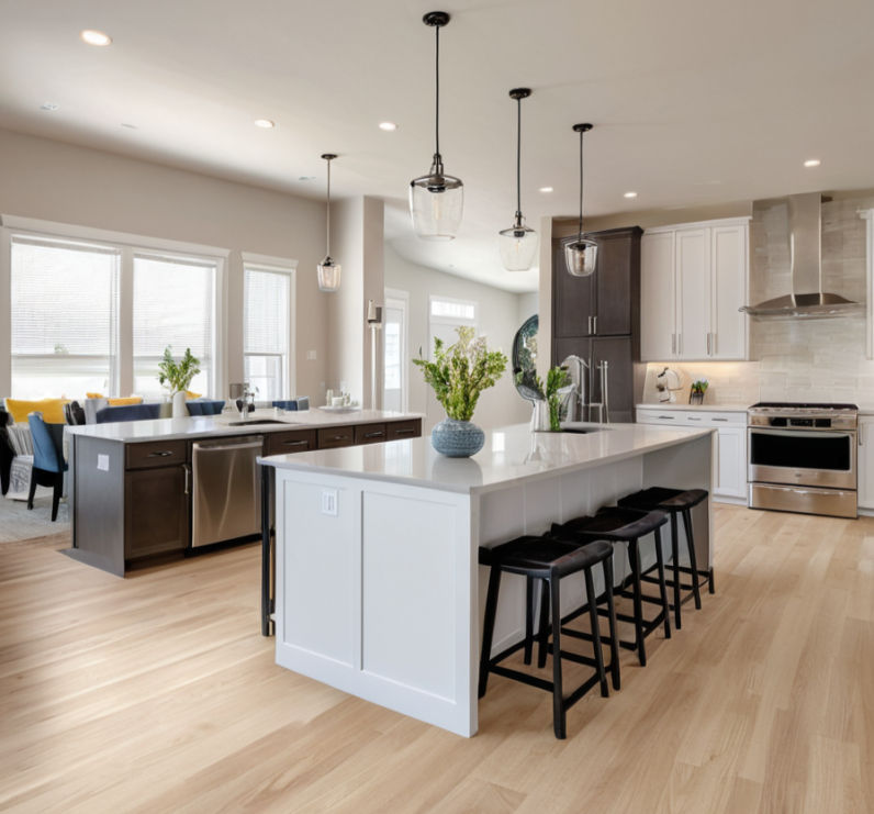 Modern kitchen with white island, black stools, and hanging lights. Stainless steel appliances, light wood floor, and green plants accent.