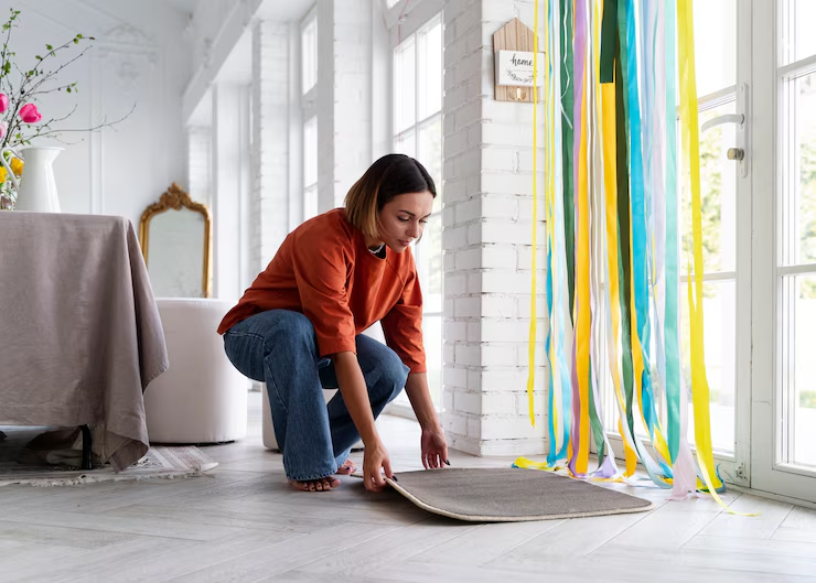 Woman in orange sweater adjusts a rug in a bright room with colorful ribbons and a "home" sign. Elegant table and mirror in the background.