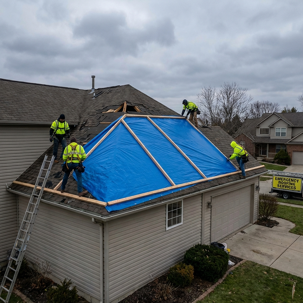 Four workers in yellow jackets repair a house roof, securing a blue tarp. "Emergency Roofing Services" sign in yard. Cloudy sky.