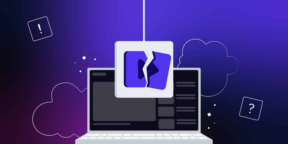 Illustration of a broken app icon dangling over a laptop with a cracked screen. Purple gradient background with cloud outlines and symbols.