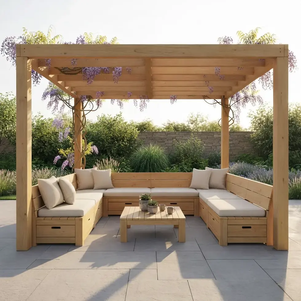 Wooden pergola with purple flowers, beige cushions on L-shaped bench, small table with plants. Sunny garden setting, tranquil mood.