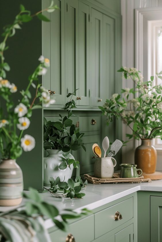 A light, fresh kitchen featuring sage green cabinetry and brass knobs. The countertop is decorated with vases of fresh flowers and greenery, adding a natural, lively touch to the space. The serene green tones create a calm, cozy atmosphere, while the mix of plants and soft lighting enhances the inviting, nature-inspired design.