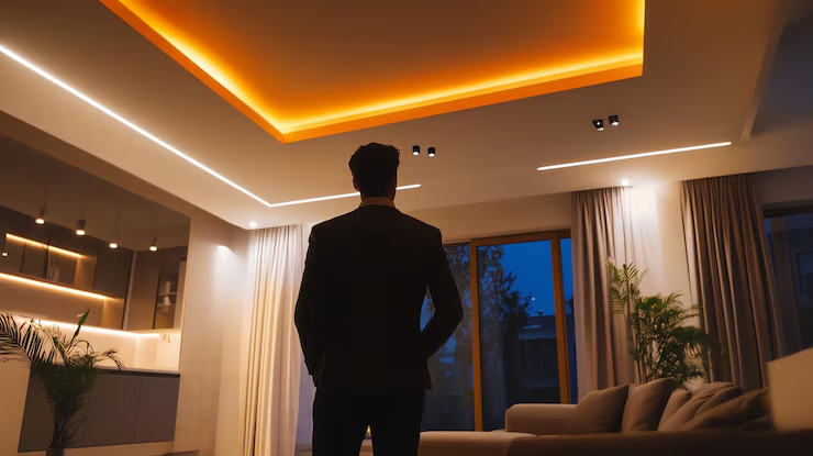 Silhouette of a man in a suit gazing at a cozy, modern living room with warm orange ceiling lights and large windows. Calm ambiance.