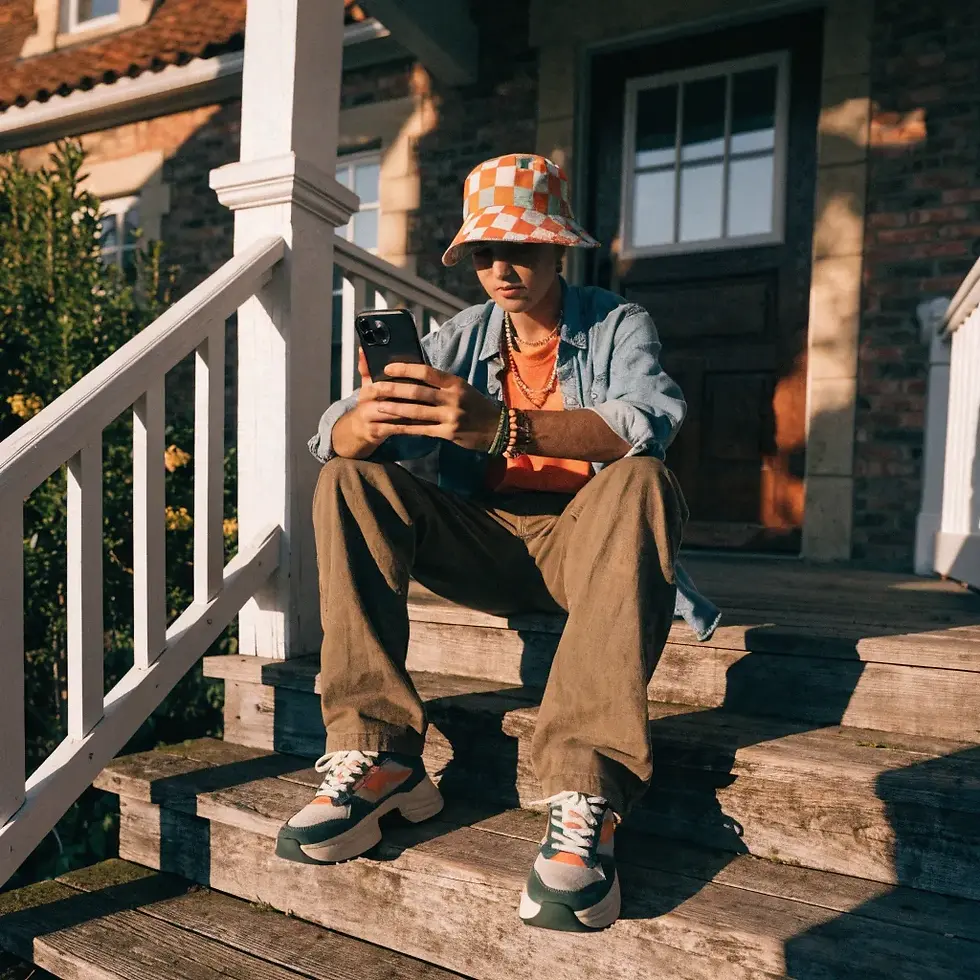 Young man in checkered hat and denim shirt sits on porch stairs, focused on smartphone. Rustic house background, warm sunlight, casual mood.