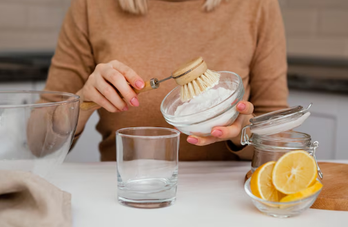 Person in beige sweater holds a brush above a bowl of baking soda. Nearby are a glass, open jar, sliced lemons, and a wooden board on a white table.
