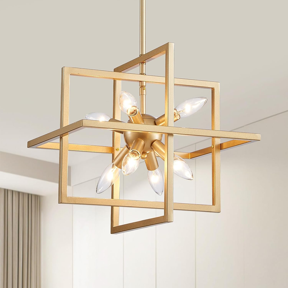 Geometric gold chandelier with exposed bulbs, hanging in a modern beige room. Bright lighting creates an elegant, contemporary ambiance.
