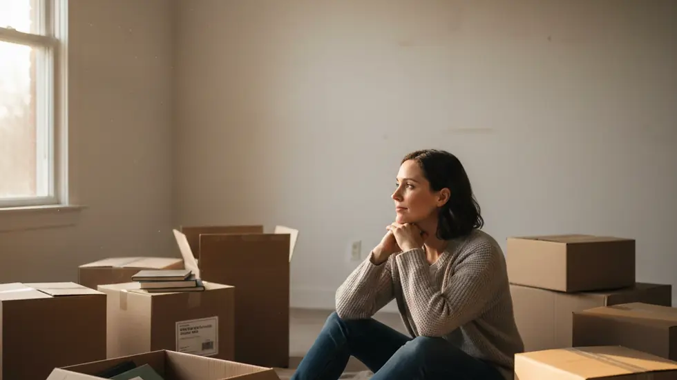 Woman sits on floor in a room with cardboard boxes, gazing thoughtfully out a window. Warm light, neutral colors, moving mood.
