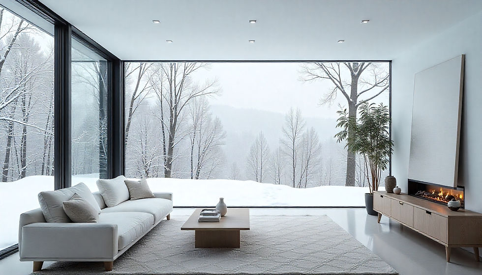 Minimalist living room with large windows showing snowy trees. White sofa, wooden table, and fireplace create a cozy atmosphere.