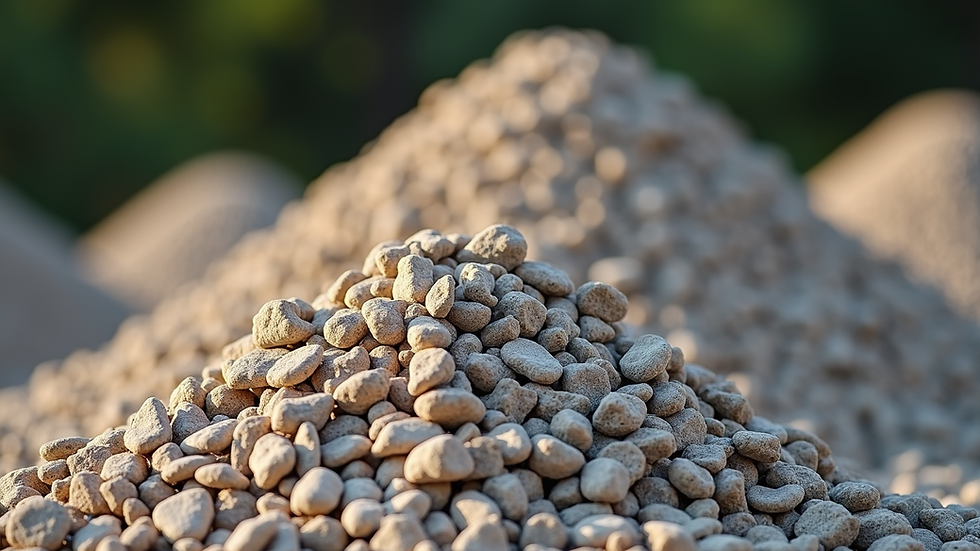 Pile of gray pebbles in focus with blurred, similar mounds in the background. Sunlight highlights textures, creating a calm, natural scene.
