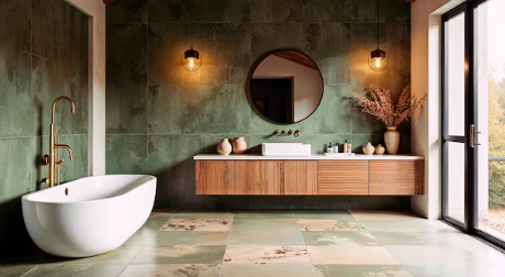 Modern bathroom with green tiles, round mirror, gold fixtures, and a floating wood vanity. Large window, oval bathtub, and serene vibe.