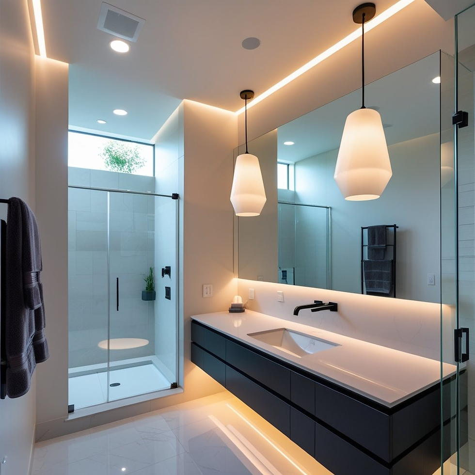 Modern bathroom with sleek black vanity, large mirror, and pendant lights. Glass shower in the background; minimalistic and well-lit.