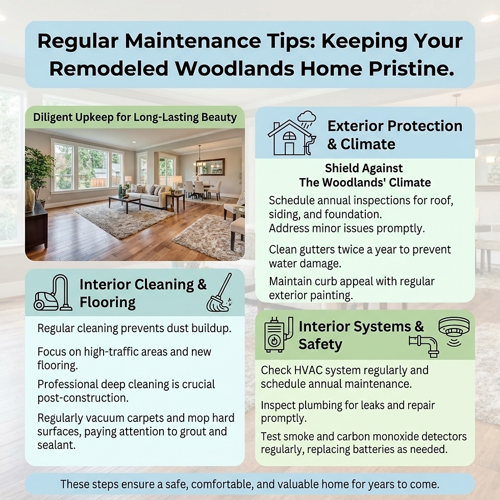 Regular Maintenance Tips infographic with home interior image. Advice on cleaning, exterior protection, and system checks for a pristine home.